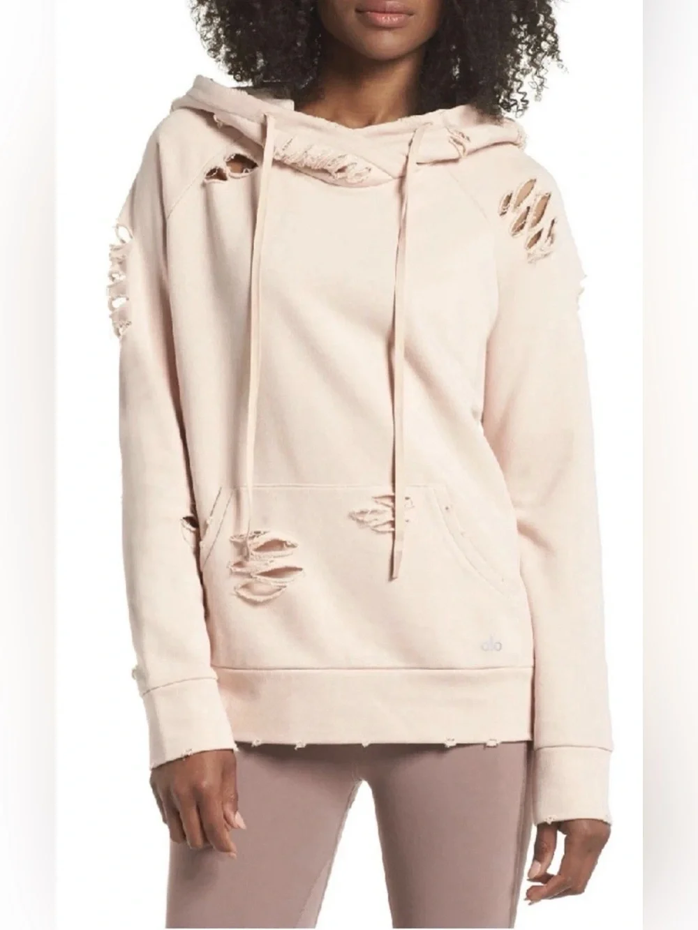 Alo Yoga Ripped Distressed Hoodie Womens Size S Peach Pullover Sweatshirt